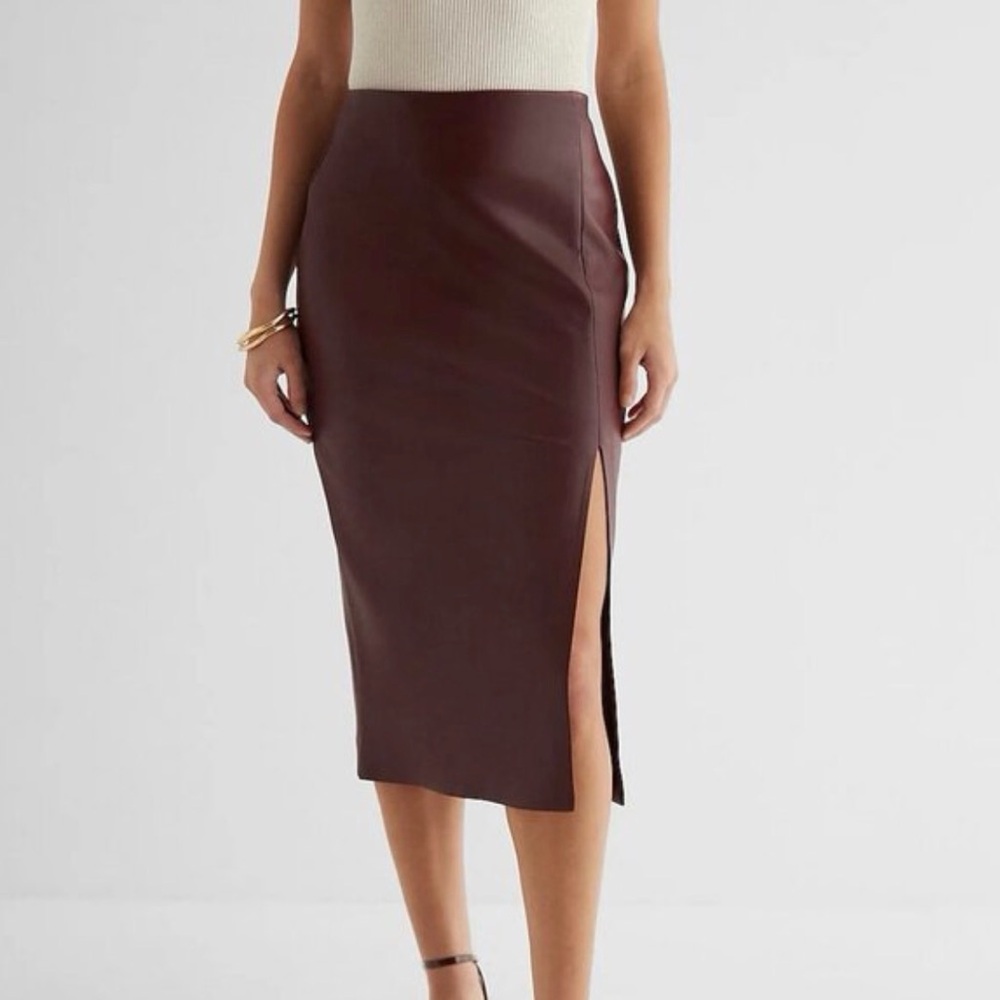 Faux leather dark brown midi skirt